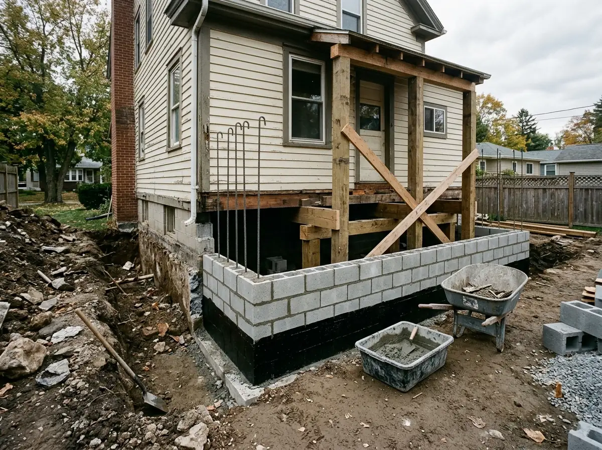 Outside view of a house foundation being rebuilt with new grey concrete blocks, rebar in the cores, black dampproofing and timber shoring holding the house above