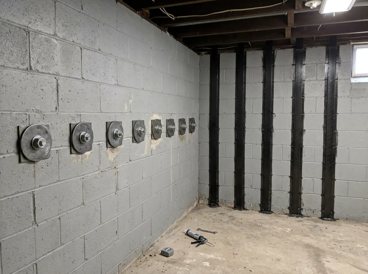 Block basement wall with round steel anchor plates bolted at mid-height on the left half and dark carbon fiber straps bonded vertically on the right half