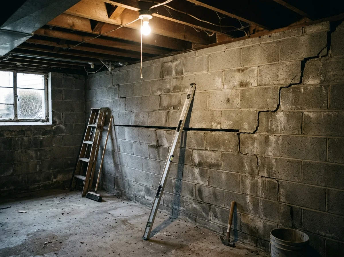 Concrete block basement wall bulging inward at mid-height along a long horizontal mortar crack, with stair-step cracks running toward one corner