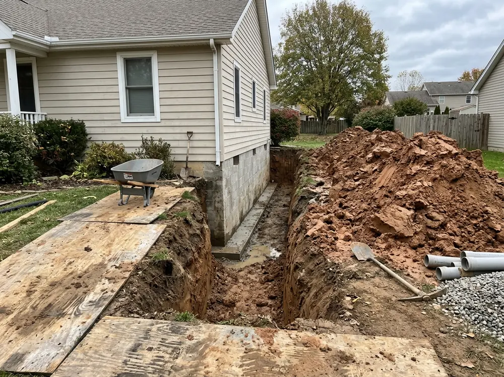 Trench dug along the outside of a house basement wall exposing the block down to the footing, with the clay piled beside it and steel braces visible through a basement window