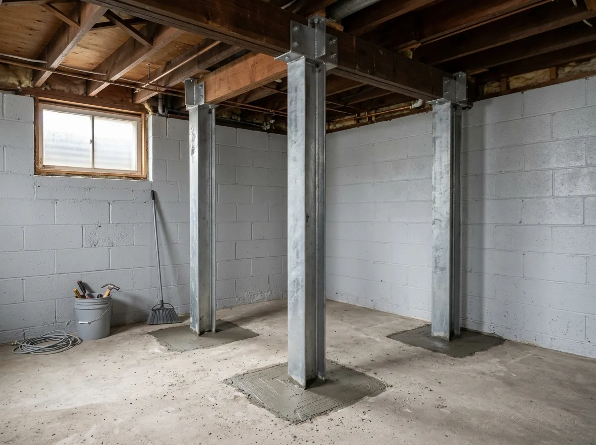 Unfinished basement with three vertical steel I-beams set tight against a block wall, each standing in a patched concrete pad in the floor and bolted to the floor joists above