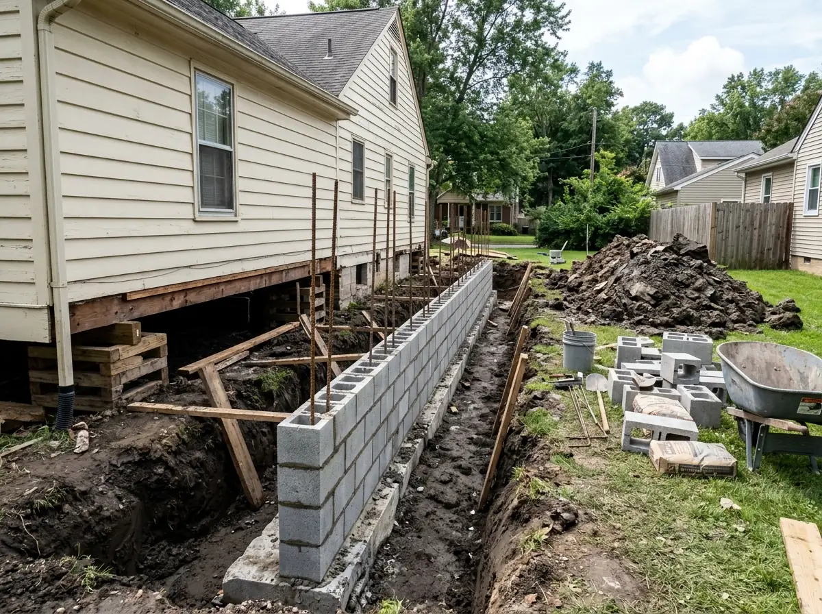 Long open trench along a house with a new concrete block foundation wall rising from the old footing, steel rebar sticking up from the block cores