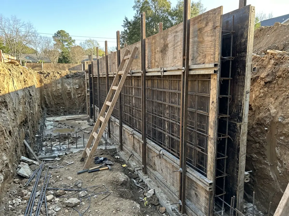 Wooden and steel forms set up along an excavated house foundation with horizontal and vertical rebar tied inside, ready for a concrete pour