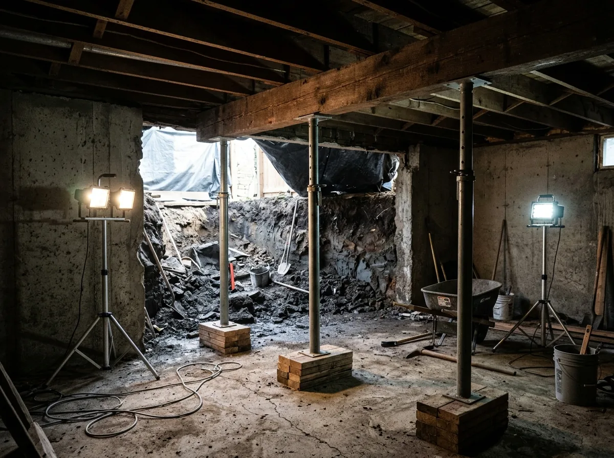 Basement interior with a heavy timber carrying beam under the floor joists near a removed wall, held up by adjustable steel posts on wood pads
