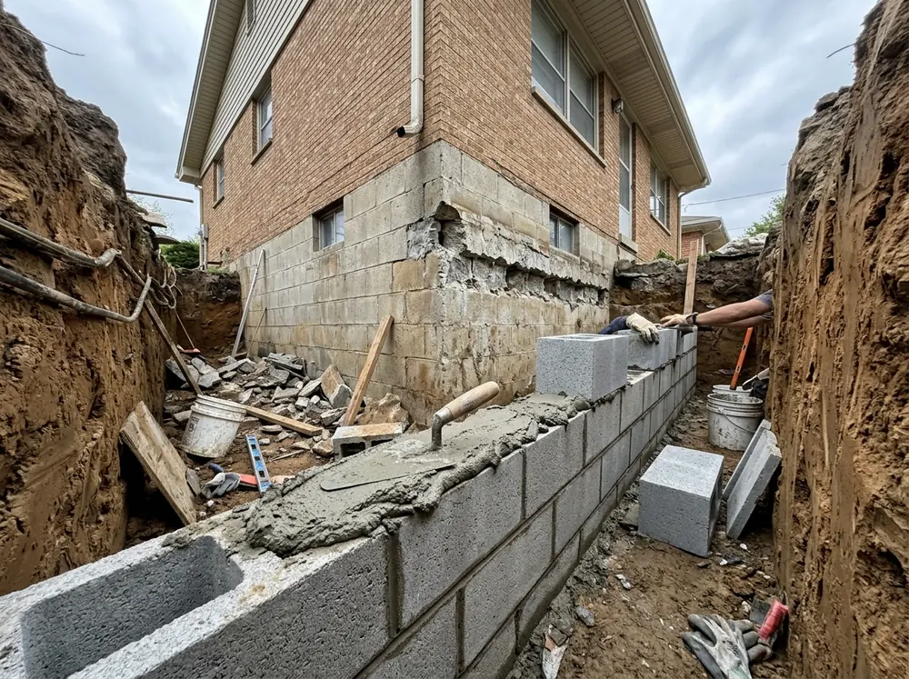 Block basement wall seen from an outside excavation, with the upper three courses removed along one section and new gray blocks being laid on the sound wall below