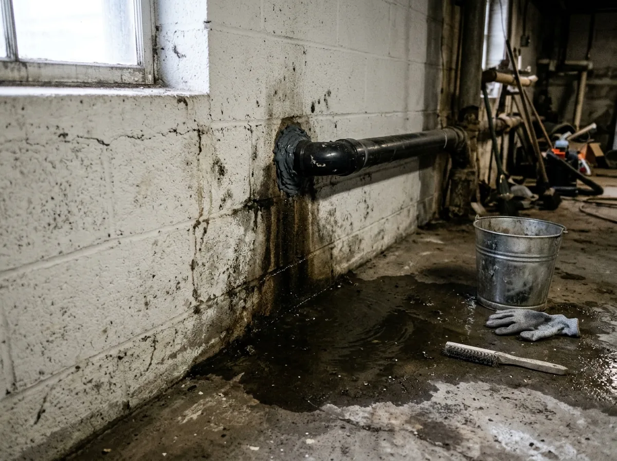 Damp dark stain along the joint where a basement floor meets a block wall, with a small puddle and a sealed pipe penetration through the wall above it