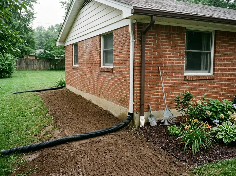 Brick ranch house corner with a downspout connected to a long black extension pipe running across the lawn, and freshly regraded soil sloping away from the foundation