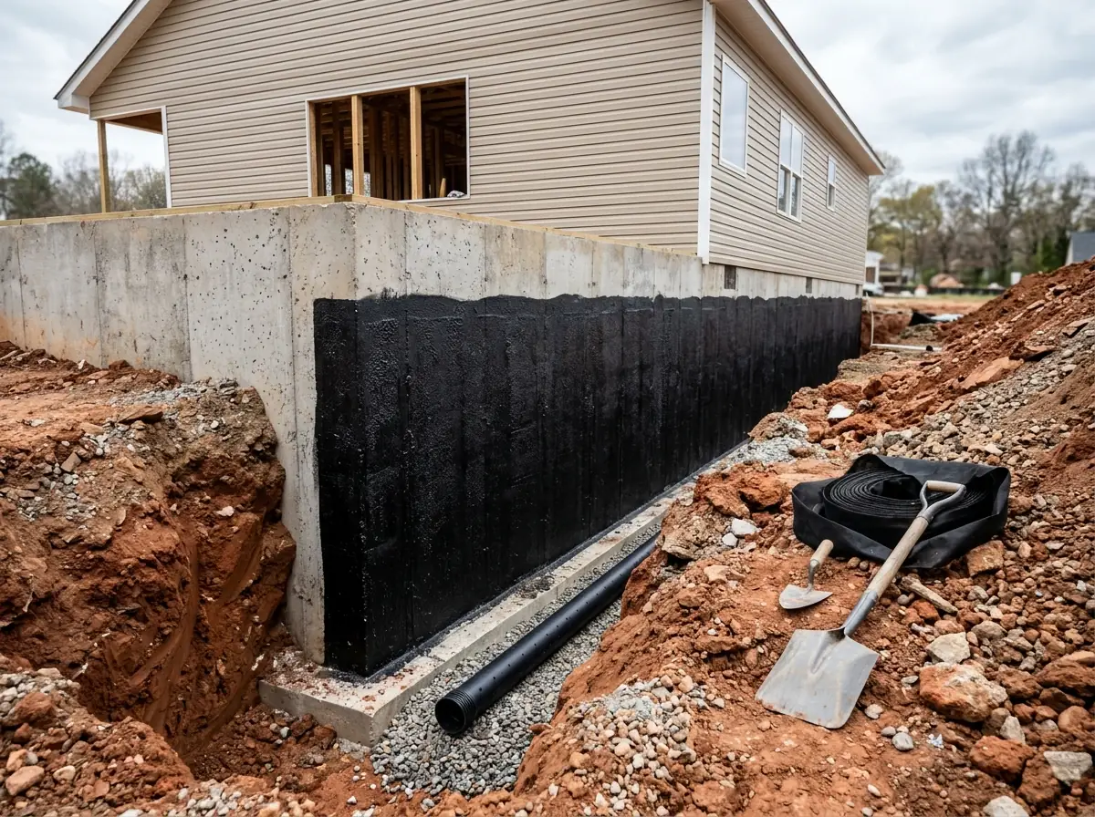 Excavated trench along a poured concrete basement wall with a black waterproofing membrane applied to the wall and a perforated drain pipe in gravel at the footing