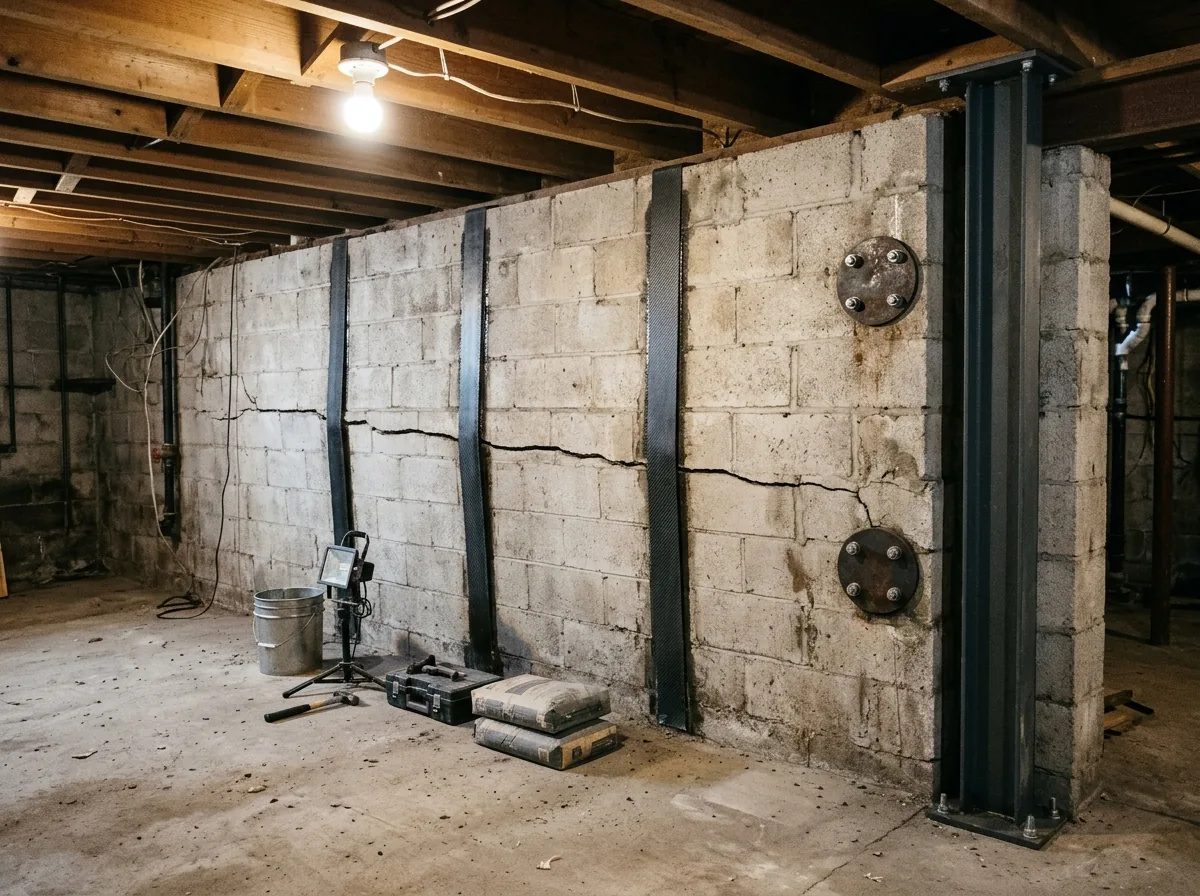 Block basement wall with a horizontal crack, three carbon fiber straps bonded across it, two round steel wall anchor plates and a steel I-beam brace at the far end