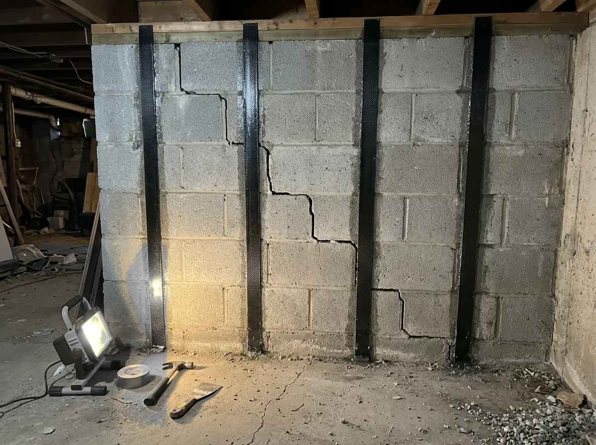 Gray concrete block basement wall with a stair-step crack and four black carbon fiber straps running floor to ceiling at even spacing