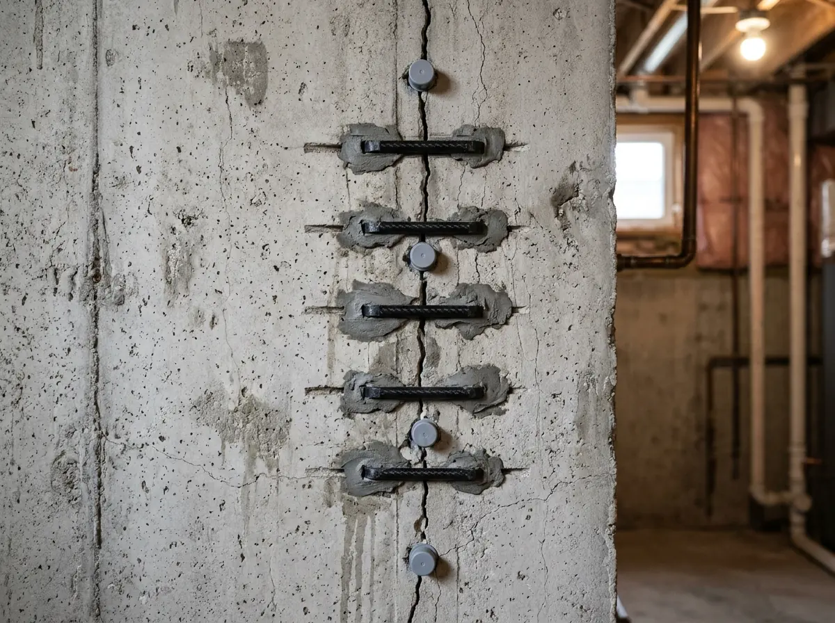Short carbon fiber staples set across a vertical crack in a poured concrete wall, each one bedded in gray epoxy paste