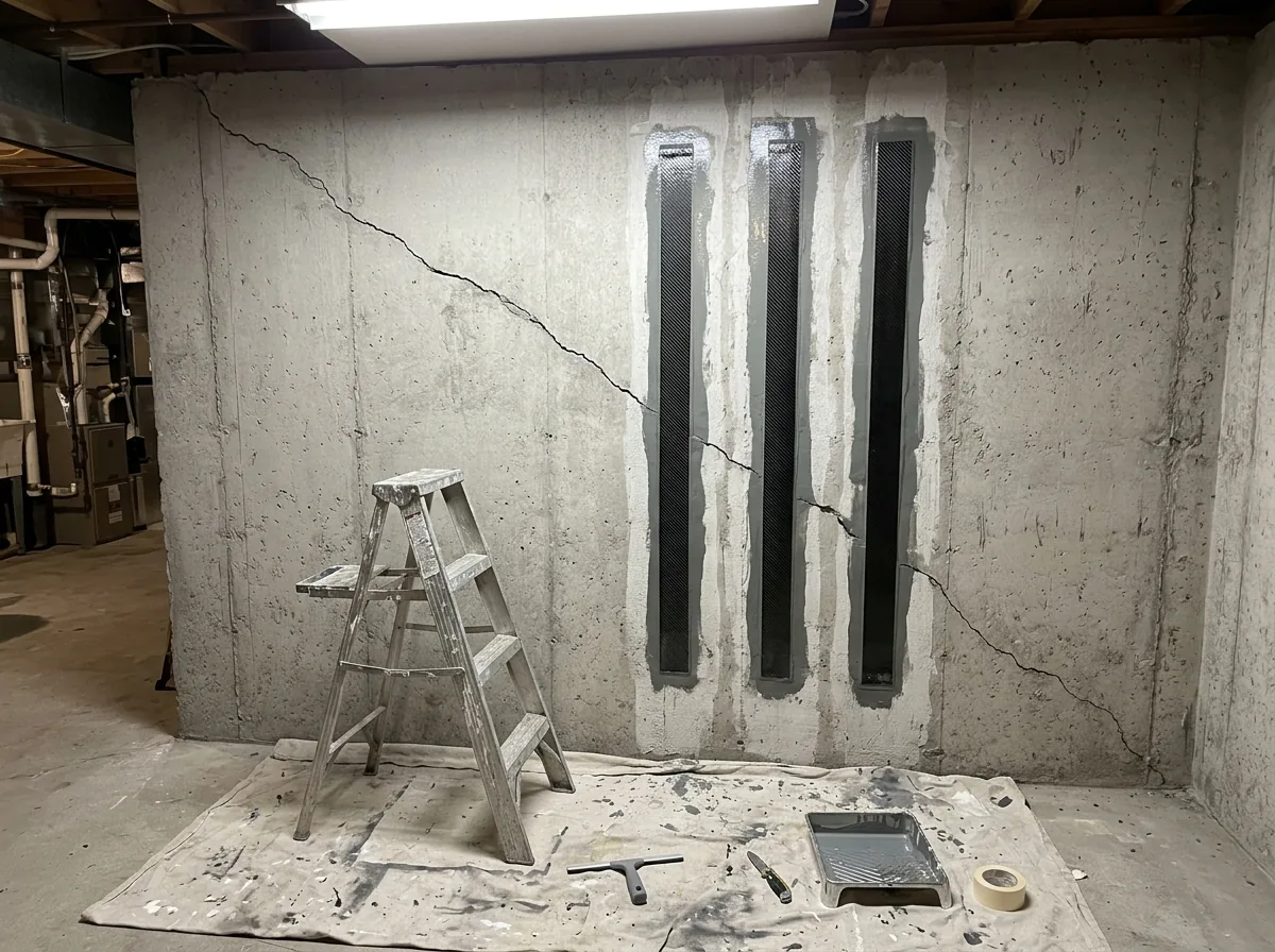 Poured concrete basement wall with a long diagonal crack and three dark carbon fiber straps bonded vertically across it, painted gray edges blending into the wall