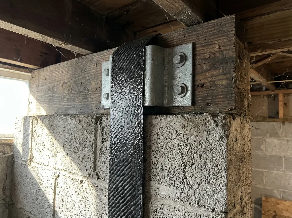 Close view of the top of a carbon fiber strap wrapped around a steel bracket that is lag-bolted to the wooden sill plate above a basement wall