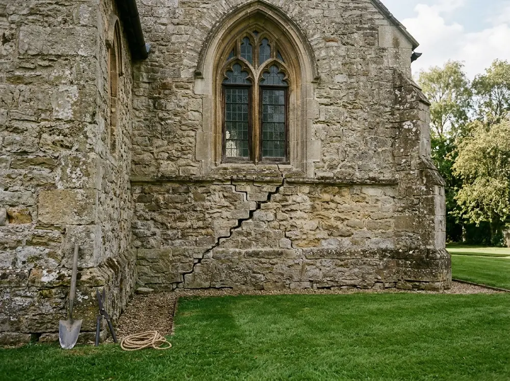 Old limestone foundation wall of a church with eroded mortar joints and a stair-step crack below a stained glass window, a grassy lawn in front