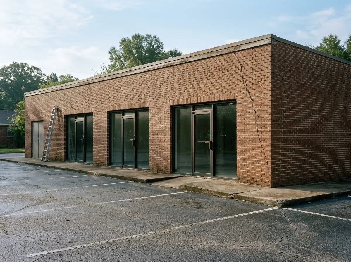 Brick single-story retail strip with a sunken concrete entrance slab in front of a glass storefront door, the slab edge dropped below the threshold