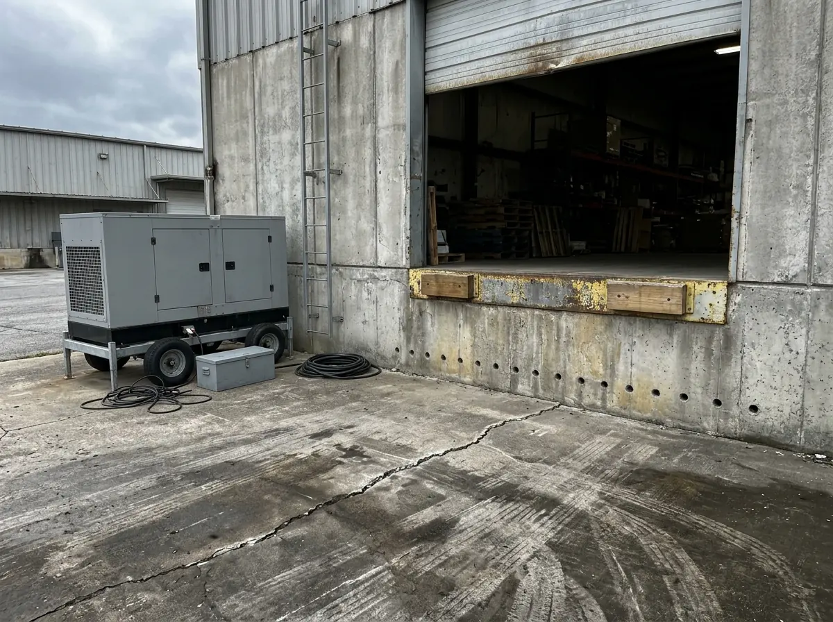 Warehouse loading dock with a concrete apron that has settled below the dock edge, tire marks across a cracked joint and a row of small injection holes