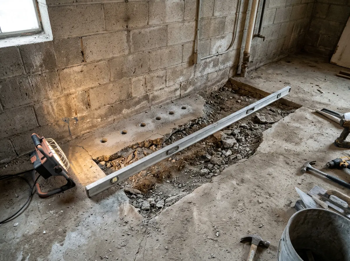 Unfinished basement floor with a cracked, sunken section near a block wall, a row of small drilled holes and a long level laid across the low spot