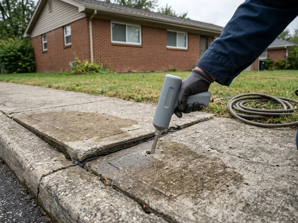 Gloved hand holding a foam injection gun over a small drilled hole in a sunken concrete sidewalk panel, the neighboring panel sitting an inch higher