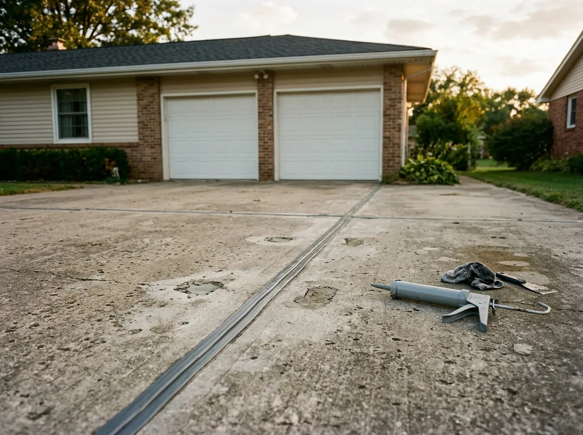 Concrete driveway control joint freshly filled with gray flexible sealant after the panels were lifted level, a caulk gun resting on the slab