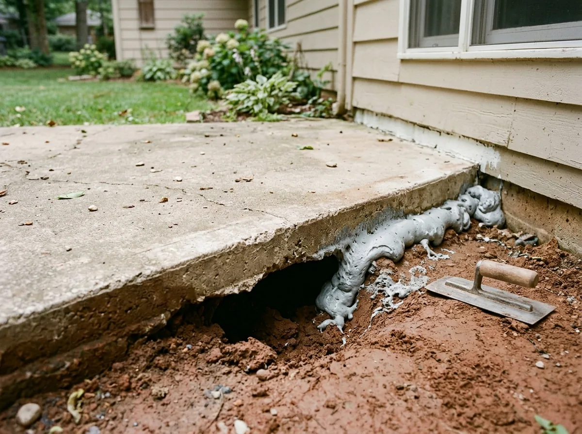 Cutaway view of a concrete patio slab with a washed-out gap of clay soil beneath one edge, gray foam filling the void