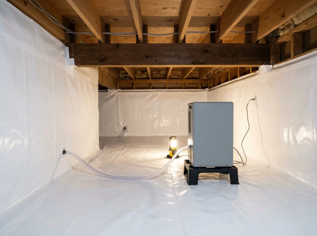 Gray crawl space dehumidifier on a stand on top of a white plastic liner, with a drain hose running toward the wall