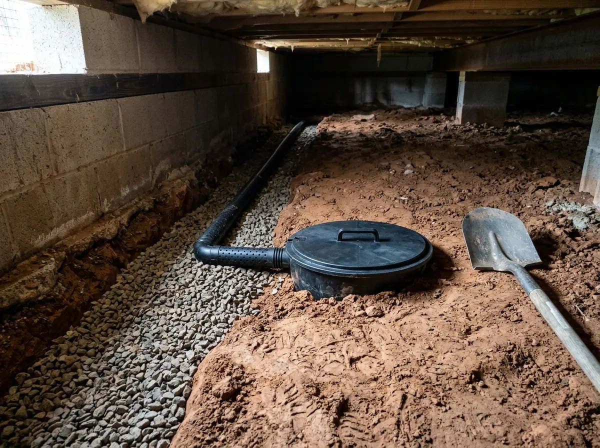Shallow gravel trench along a crawl space wall with perforated pipe leading to a covered plastic sump basin, before the liner goes down