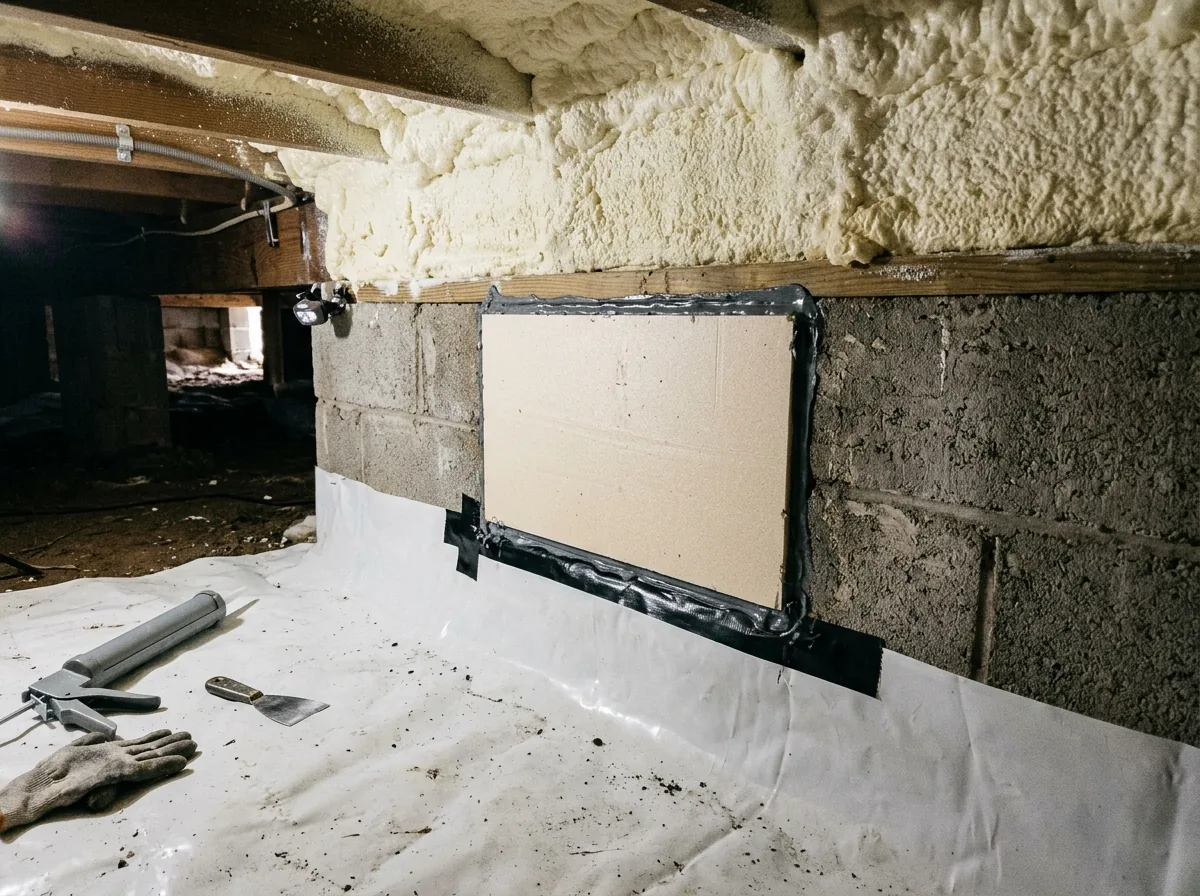 Foundation vent in a crawl space wall closed off with a fitted foam block and sealant, with spray foam insulation along the rim joist above