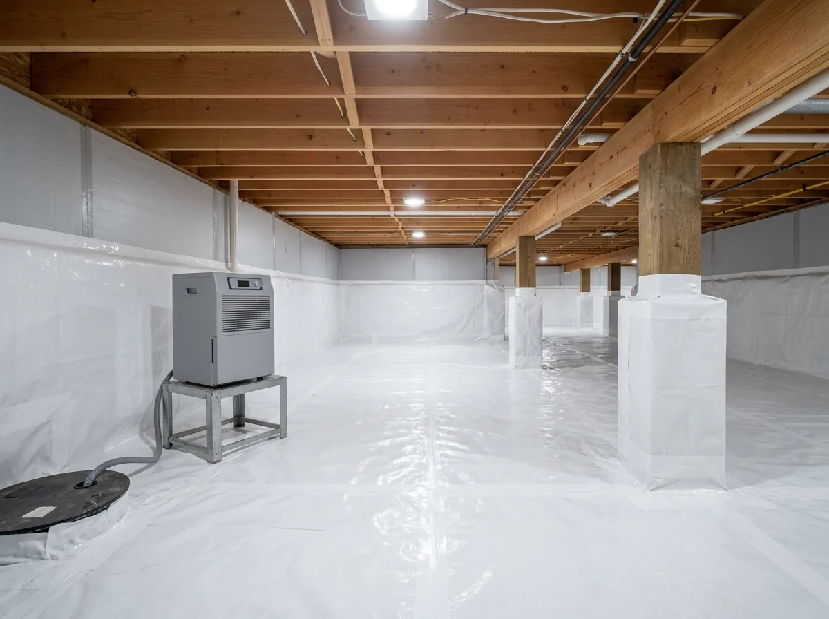Encapsulated crawl space with thick white vapor barrier covering the ground and walls, taped seams, a grey dehumidifier on a stand and clean joists overhead