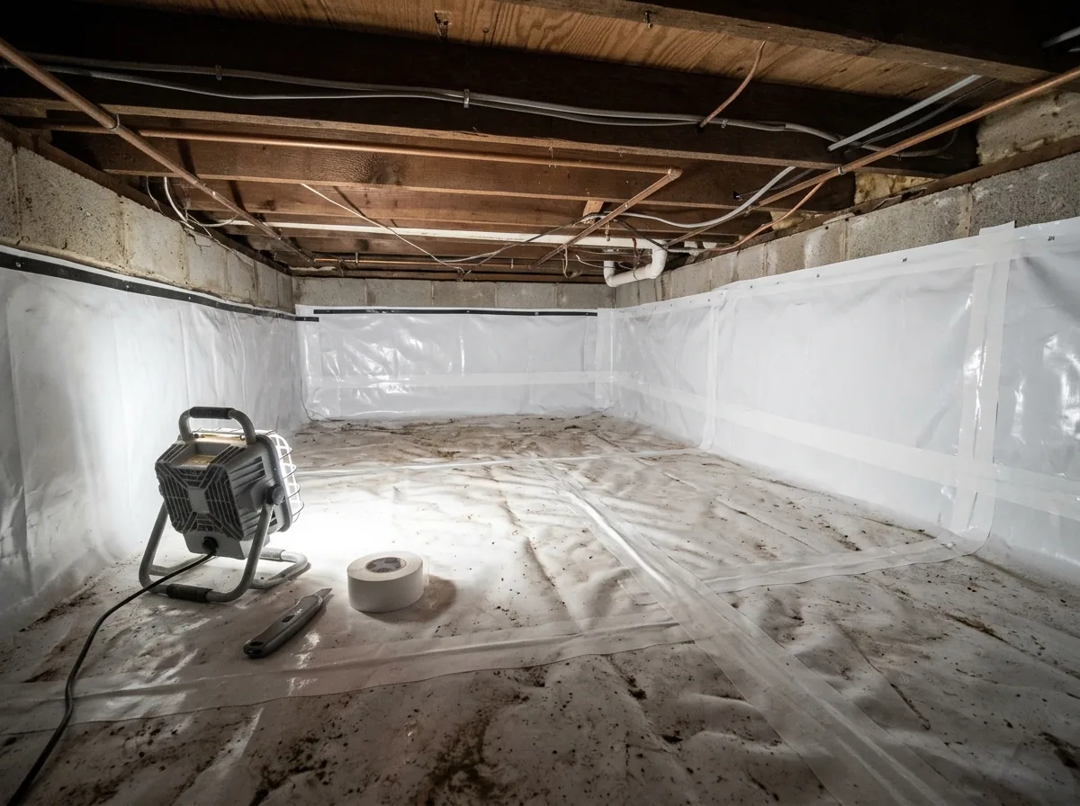 Crawl space with thick white plastic liner covering the dirt floor and running up the block walls, with taped overlapping seams