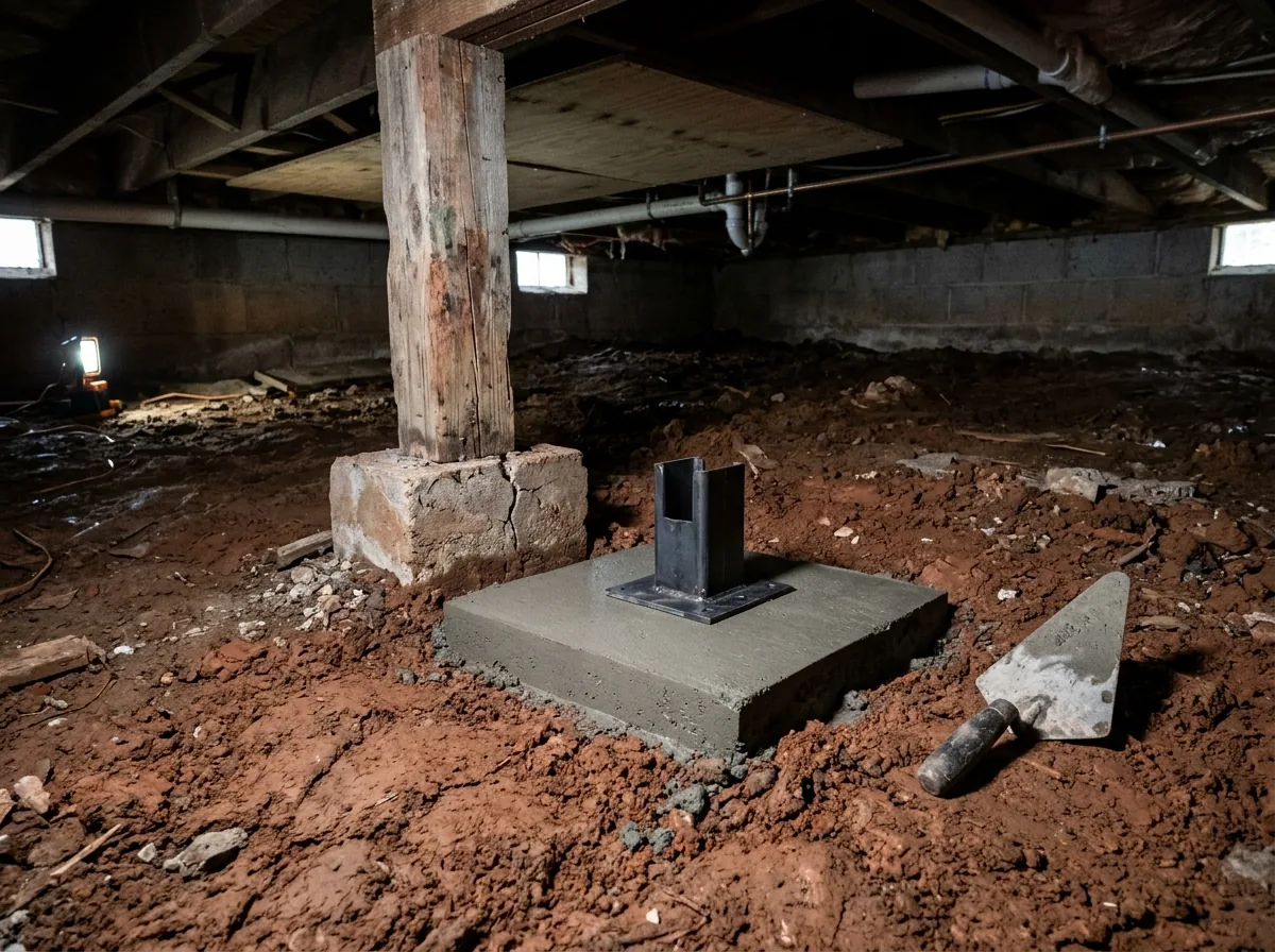 Wood post being removed from a cracked concrete block in a crawl space, with a freshly poured square concrete pad beside it