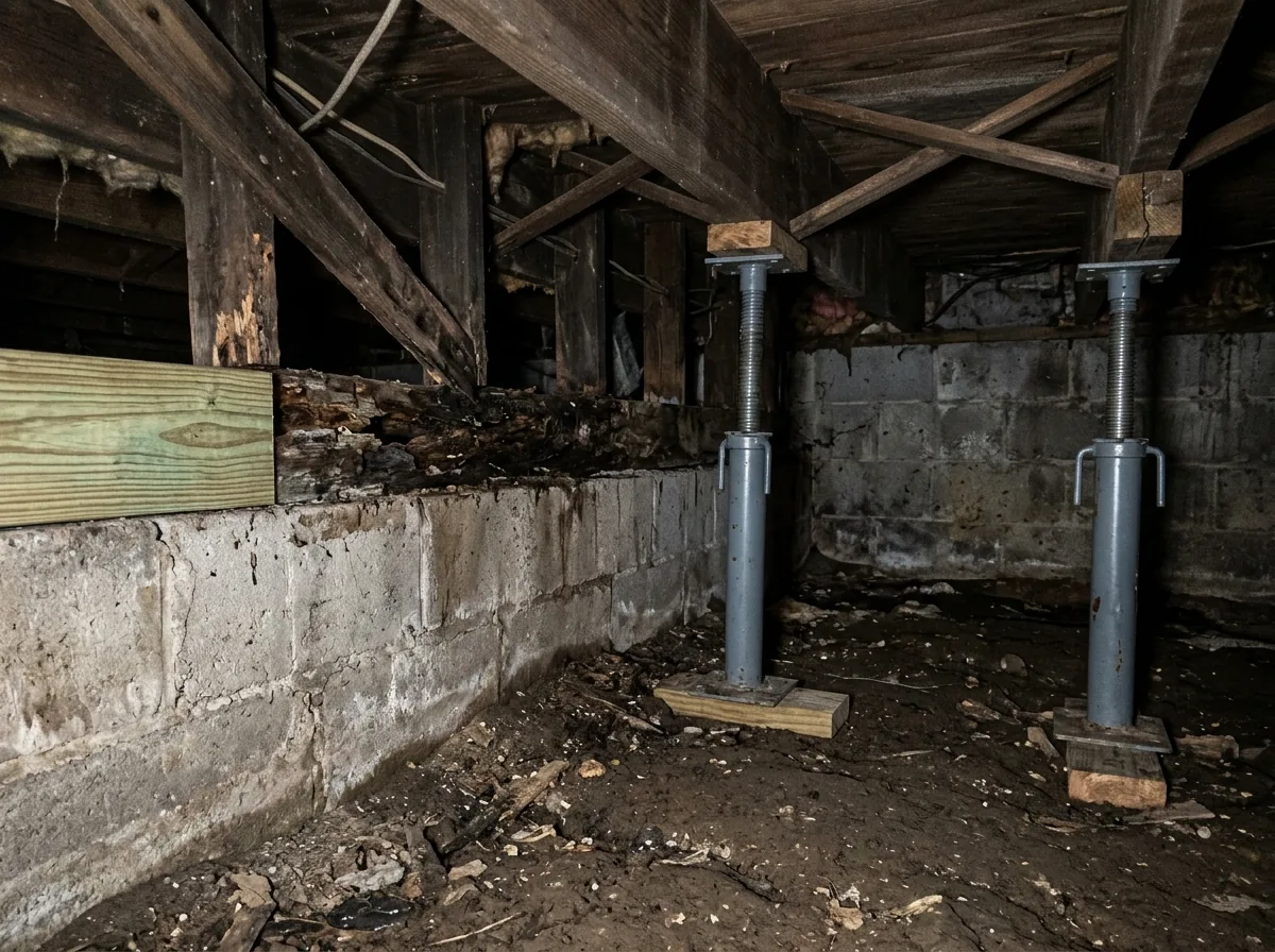 Crawl space wall with a dark, crumbling wood sill plate on top of the foundation, next to a section of new lumber held up by temporary jacks