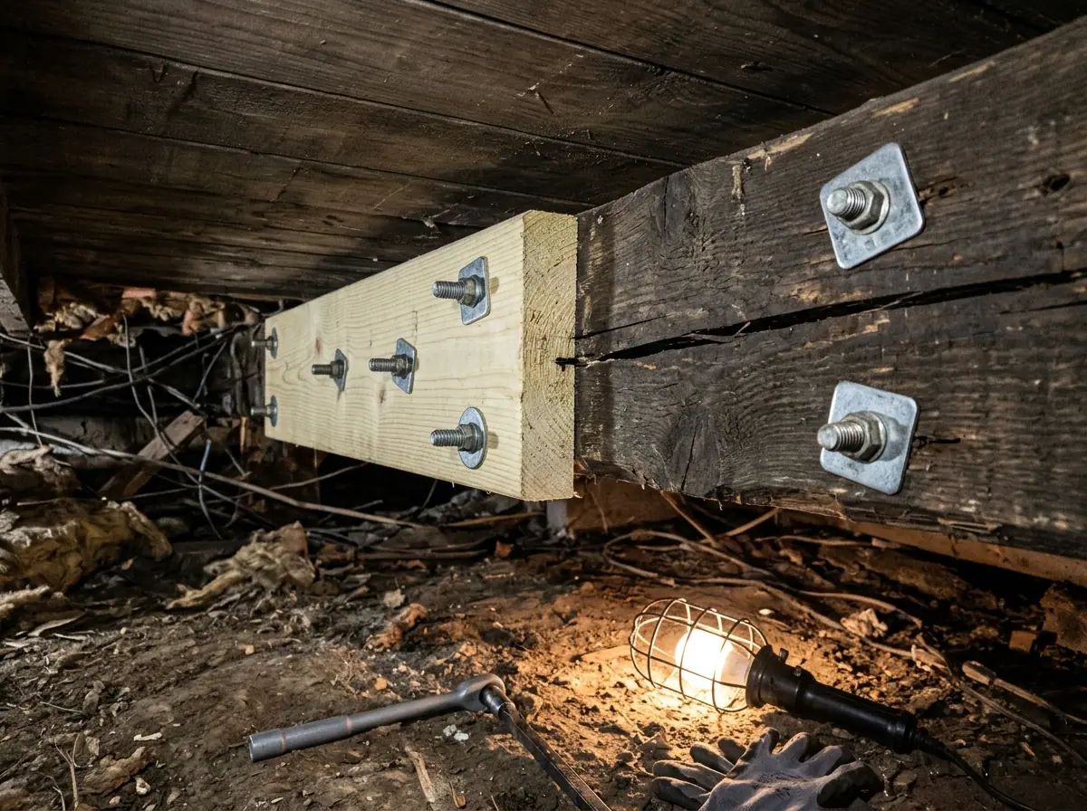Two floor joists in a crawl space with fresh lumber bolted along their sides, and a cracked older joist visible between them