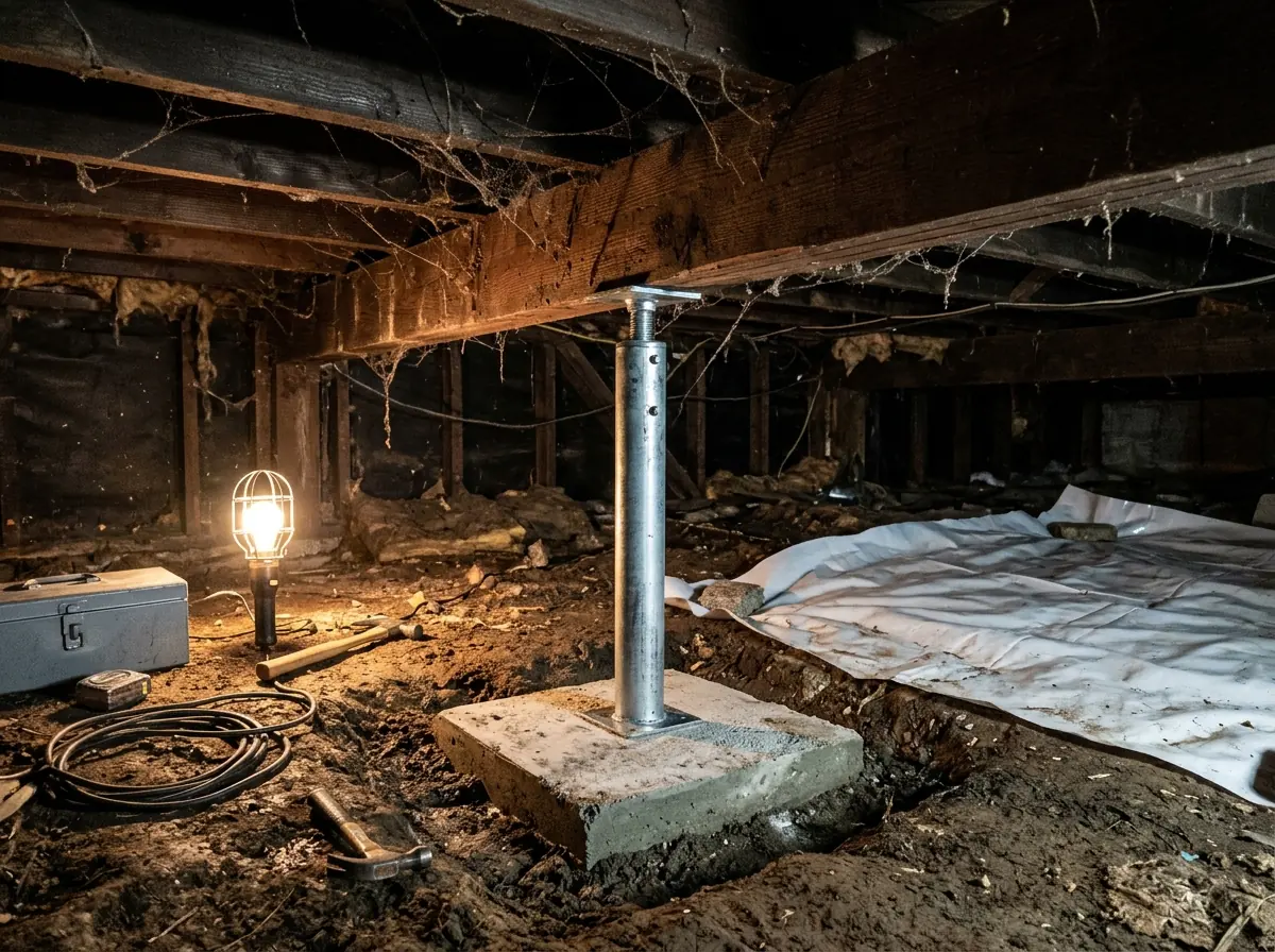 Adjustable steel support post standing on a new concrete pad under a wood girder in a low crawl space, with a white plastic sheet on the ground