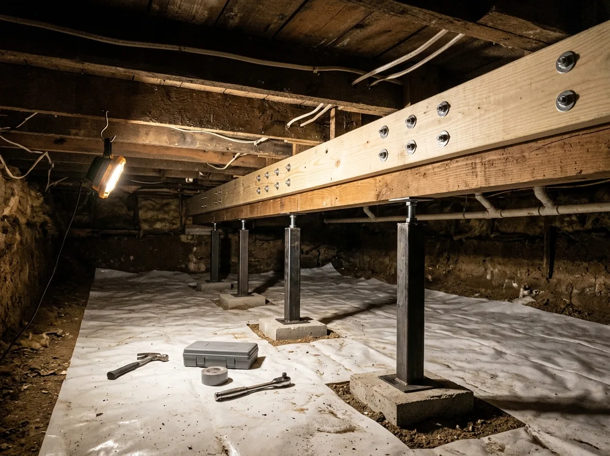 Crawl space with adjustable steel support posts on concrete pads under a wood girder, two joists reinforced with new sistered lumber, and a white vapor barrier on the ground