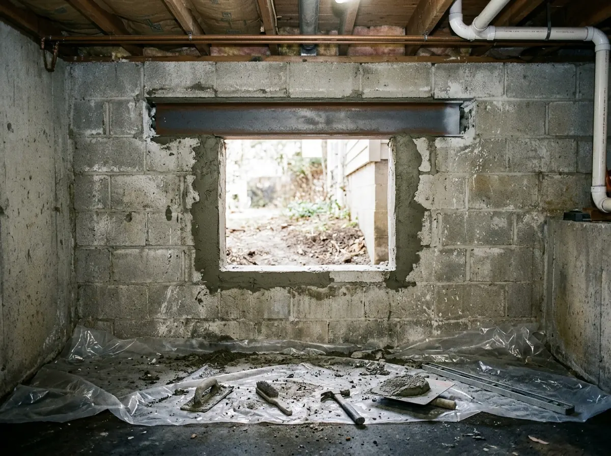 Concrete block basement wall with a new window opening cut through it, a header across the top and the cut block edges filled solid on each side