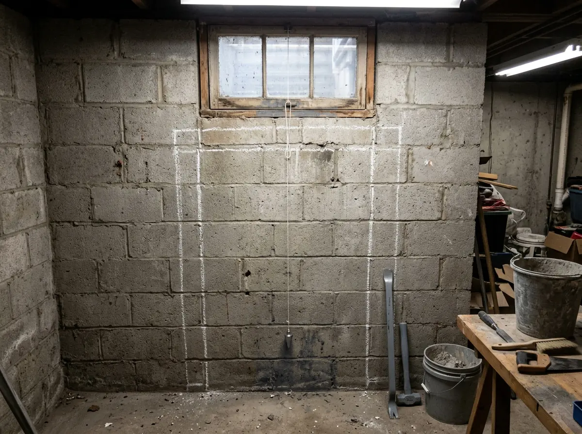 Small old basement window in a block wall marked out with chalk lines for a taller, wider opening that extends down toward the floor