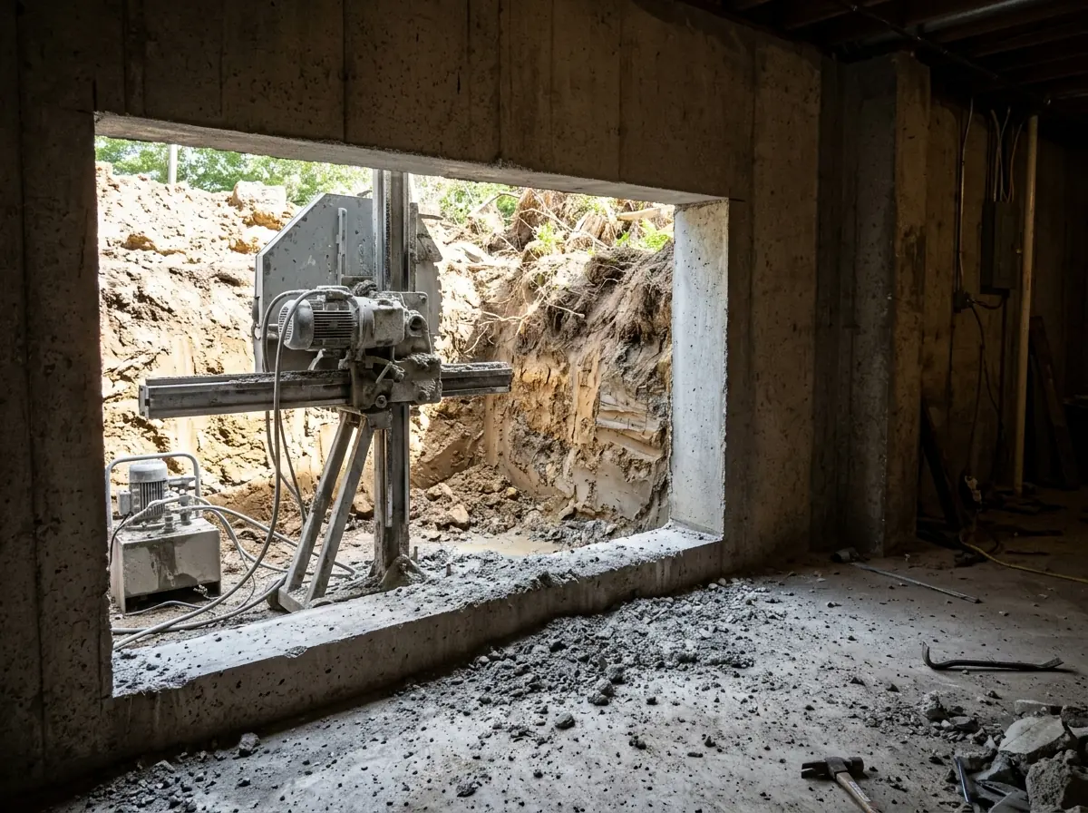 Rectangular opening freshly cut through a poured concrete basement wall, seen from inside, with the cut edges clean and an excavated pit visible outside