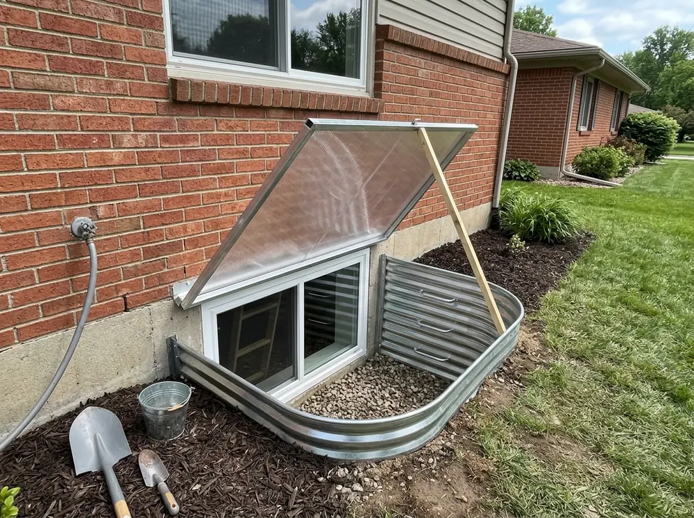 Corrugated steel window well outside a basement egress window, with built-in ladder rungs, gravel at the bottom and a clear hinged cover propped open