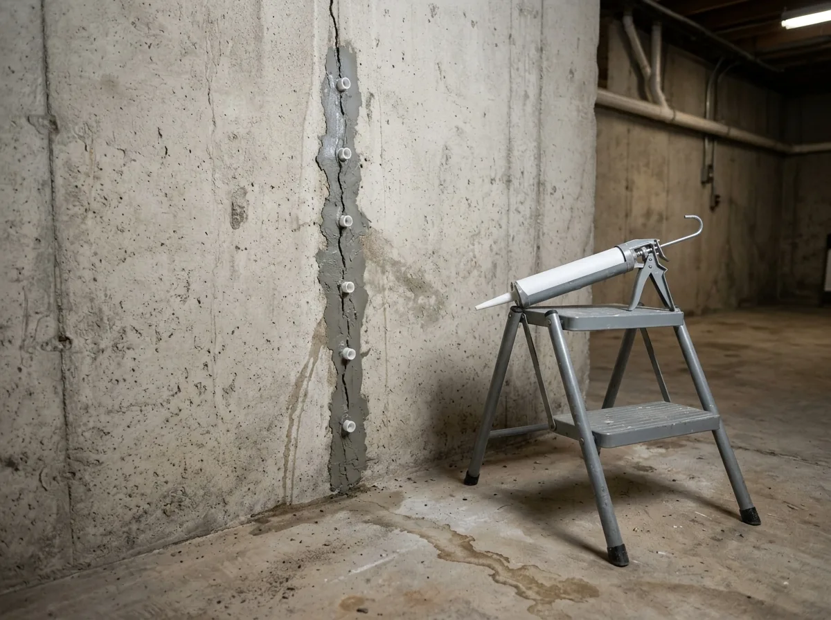 Vertical crack in a poured concrete basement wall sealed with grey epoxy paste and a row of white injection ports, with a caulk gun on a step stool beside it