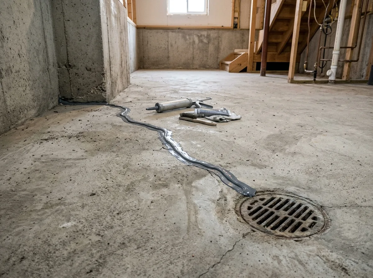 Concrete basement floor with a thin crack running from a corner toward a floor drain, the crack sealed with a gray flexible sealant