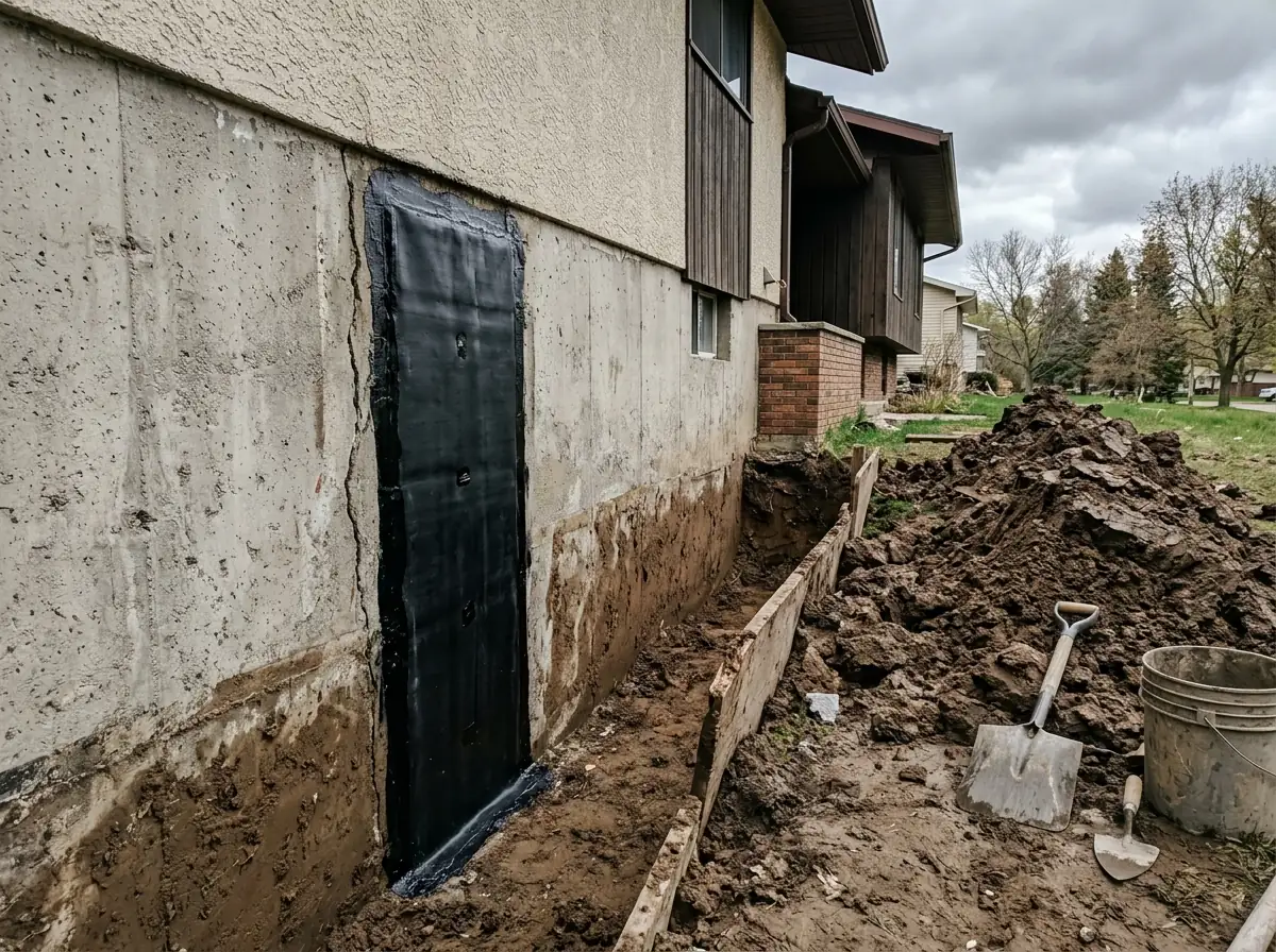 Excavated trench against a poured basement wall with a crack covered by a strip of black rubberized membrane, clay soil piled beside the trench