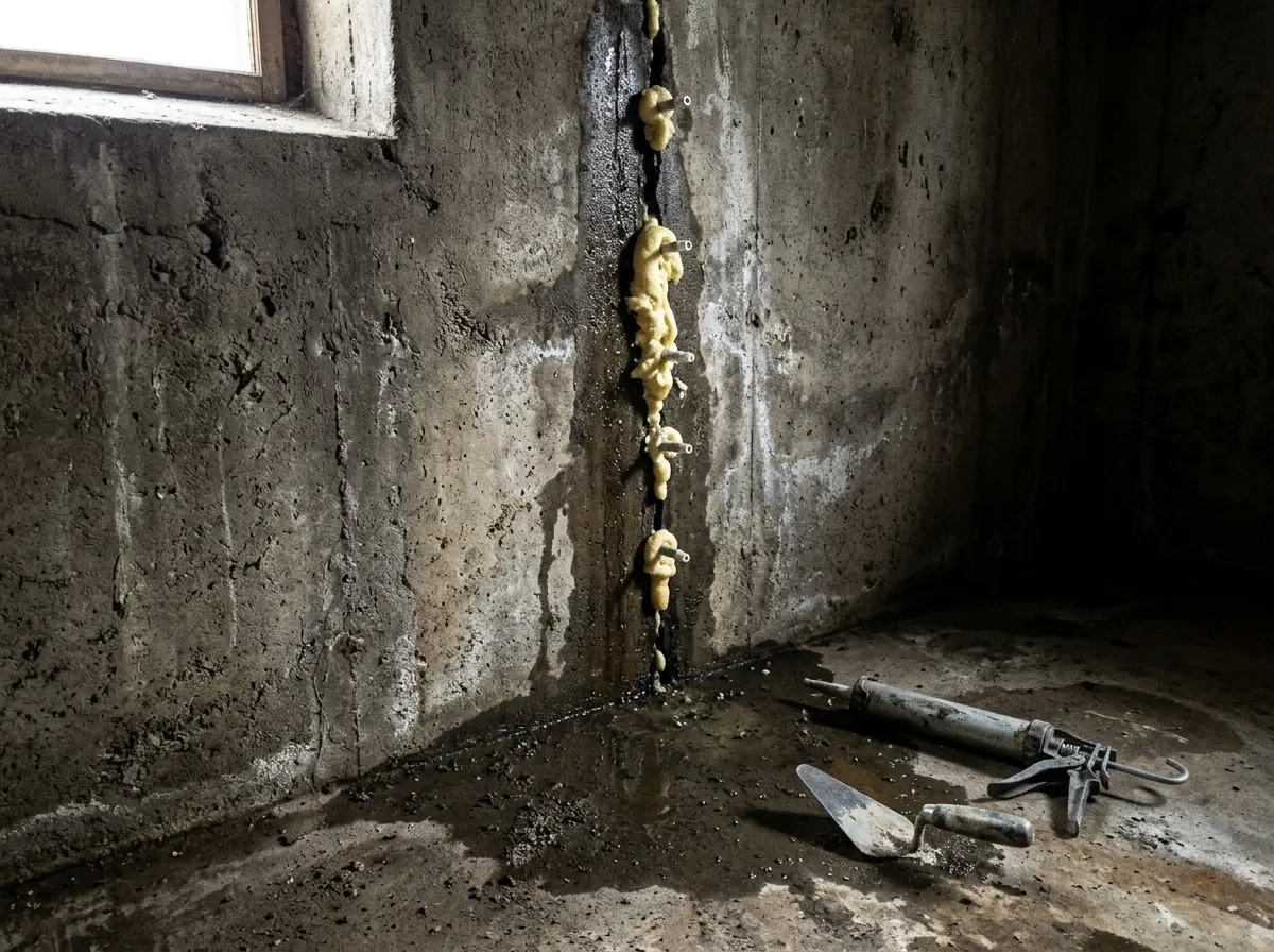 Poured concrete basement wall with water seeping from a vertical crack and fresh polyurethane foam squeezing out of a row of injection ports