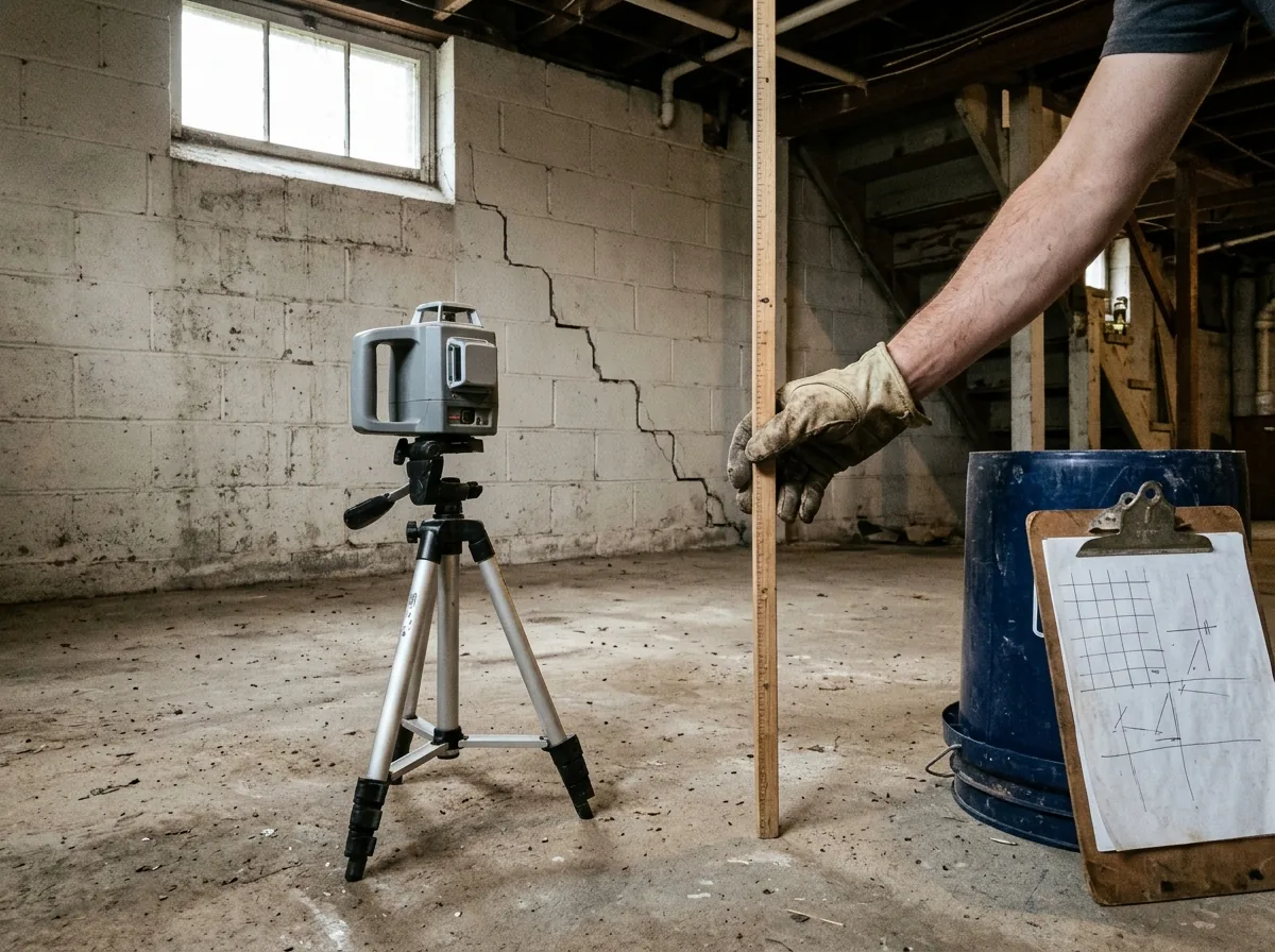 Laser level on a tripod in an unfinished basement, a gloved hand holding a measuring rod and a stair-step crack in the block wall behind