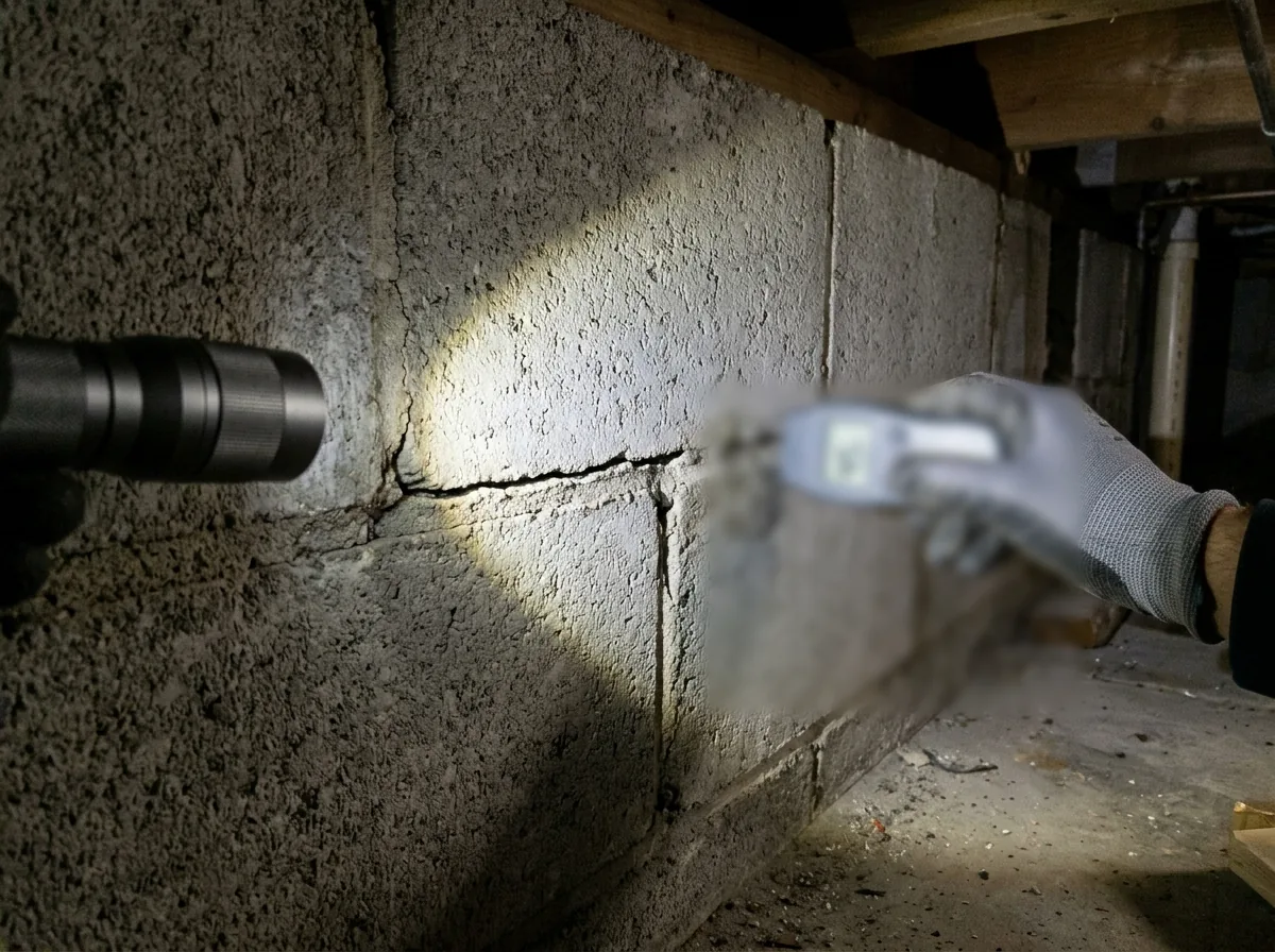 Basement of a house for sale with a block wall showing a horizontal crack, a flashlight beam on it and a moisture meter held against the block
