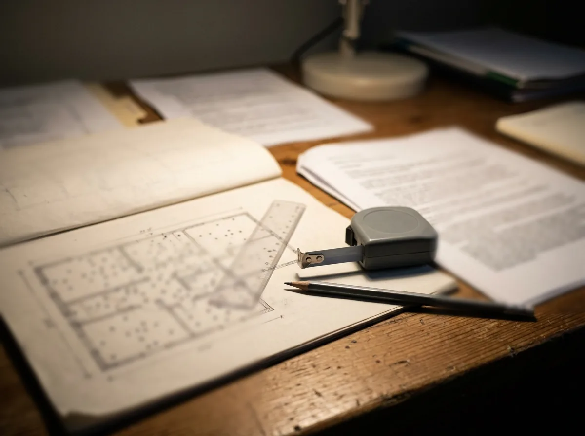 Structural engineer's report pages and a floor plan sketch with elevation numbers on a table, a crack gauge and tape measure beside them