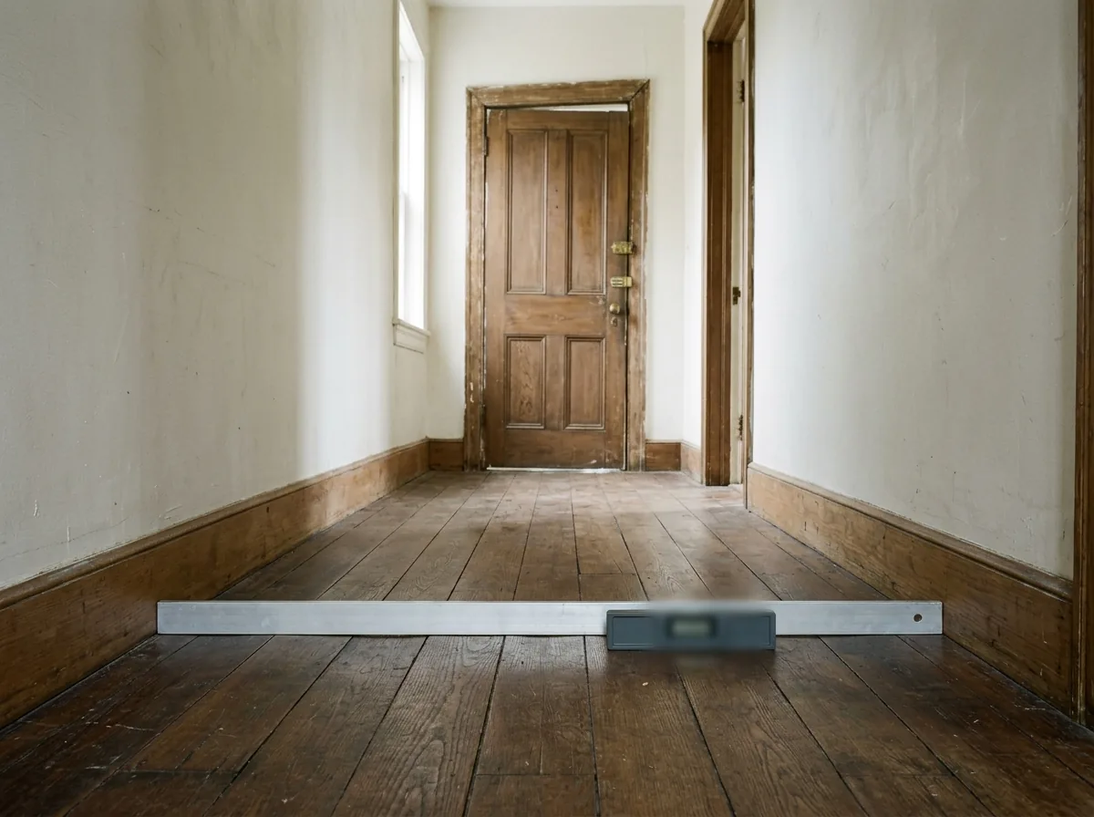 Inspector kneeling on a living room floor of an older house holding a digital level reading to a floor plan clipboard, small numbered dots marked on the plan