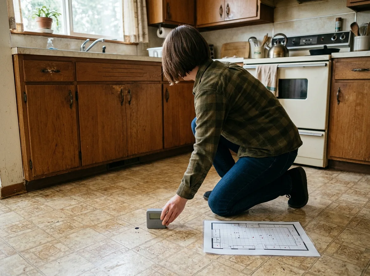 Contractor taking a floor elevation reading at a marked point in a kitchen corner after foundation work, a laminated floor plan with two columns of numbers beside him