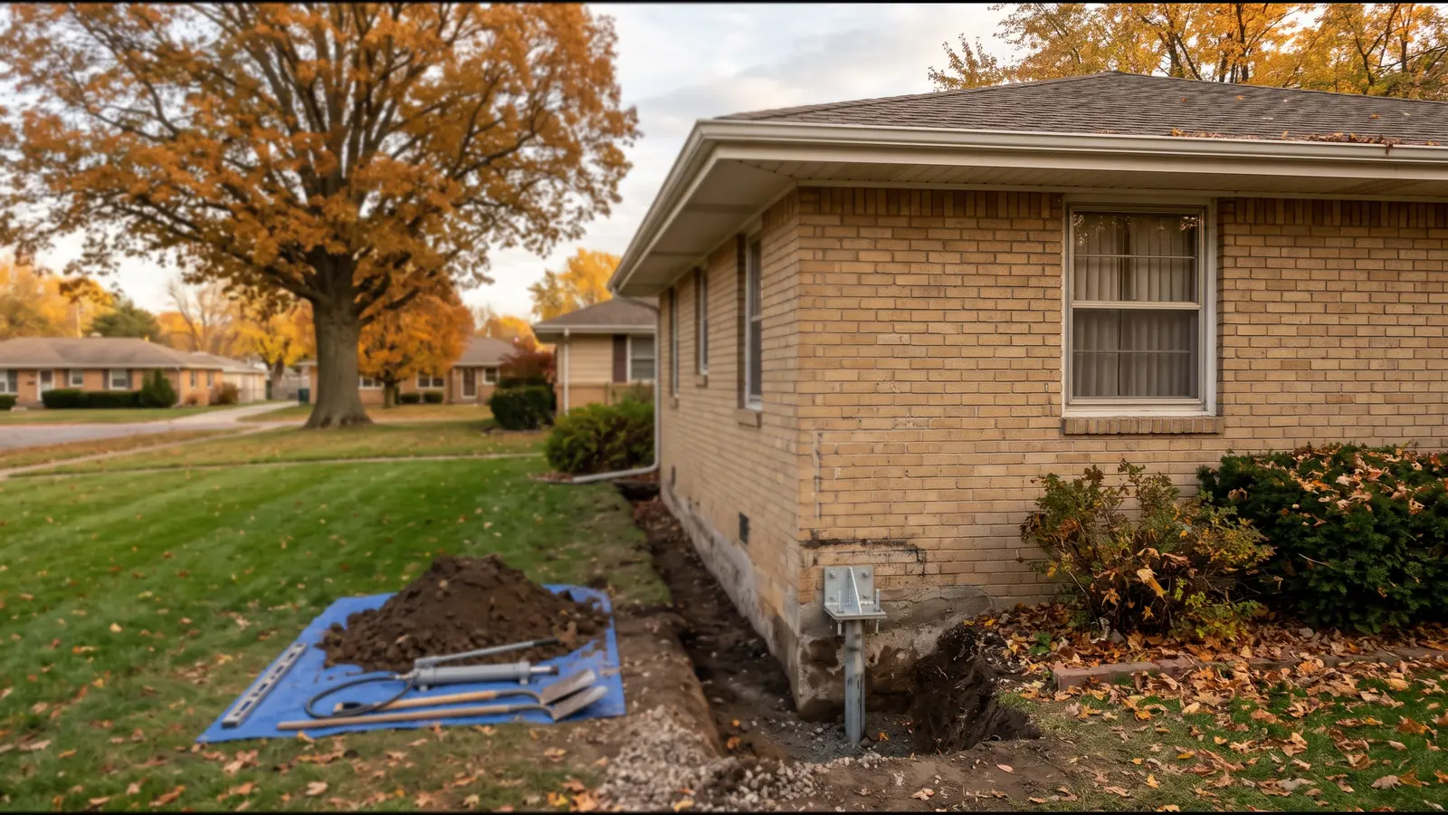 Narrow excavation along the corner of a tan brick ranch house, with a galvanized steel pier bracket set against the footing and clay soil piled on a tarp