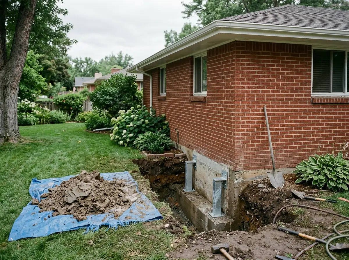 Excavated pit at the outside corner of a brick ranch house exposing the footing, with two steel pier brackets installed and clay spoil piled on a tarp