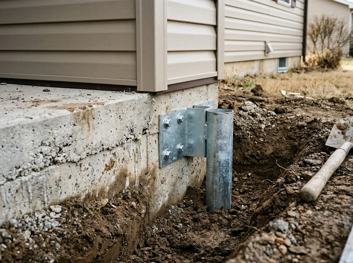 Shallow concrete footing at the edge of a slab-on-grade house with a short, flat steel pier bracket bolted to its face and a pipe pier beside it, clay soil around